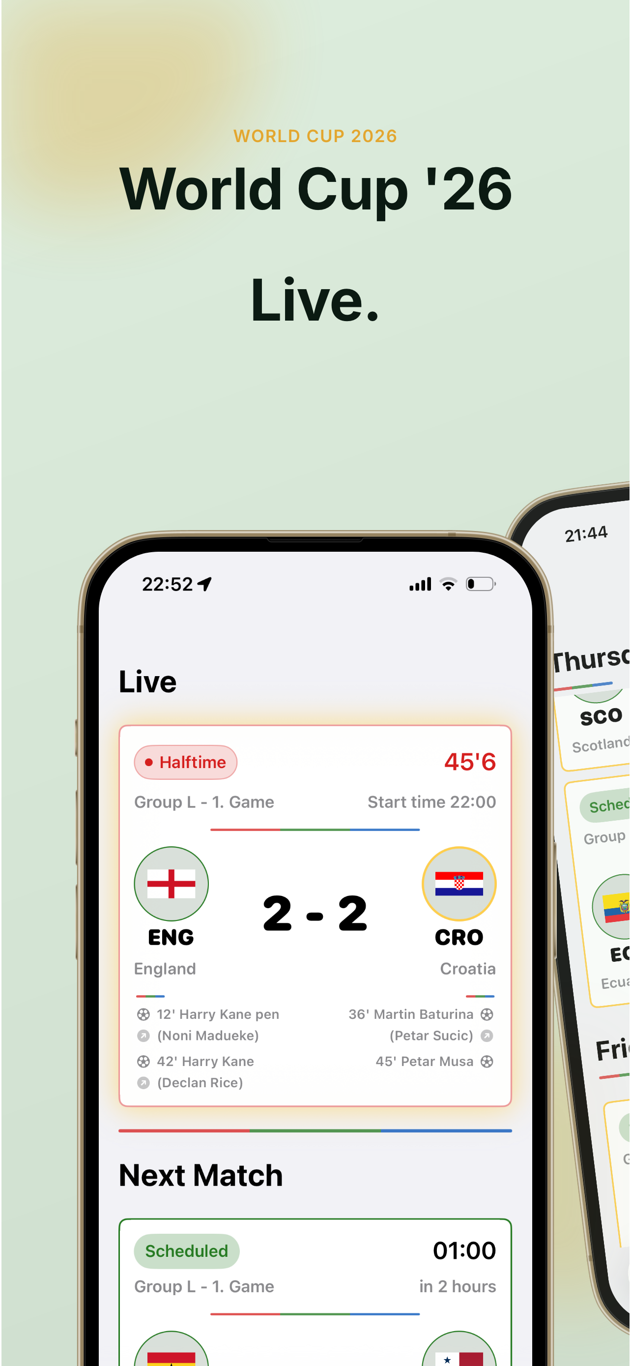 Game Plan live match screen showing England versus Croatia and upcoming matches