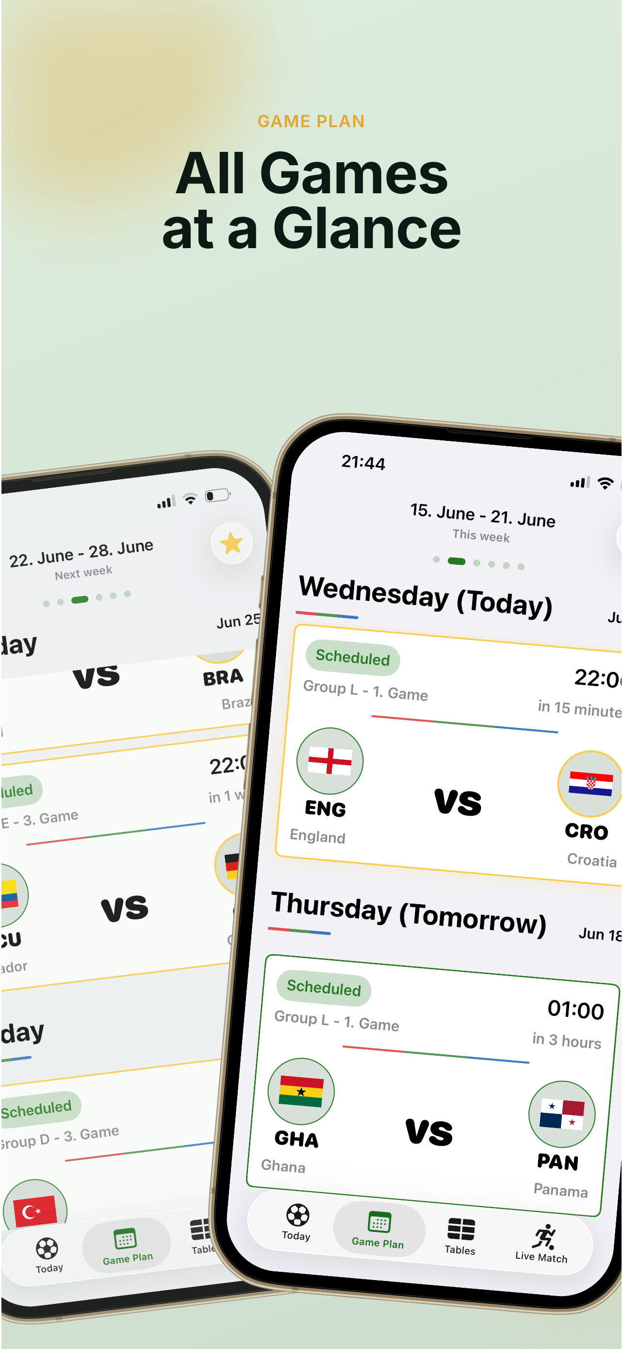 Game Plan schedule view with two iPhones showing weekly World Cup fixtures