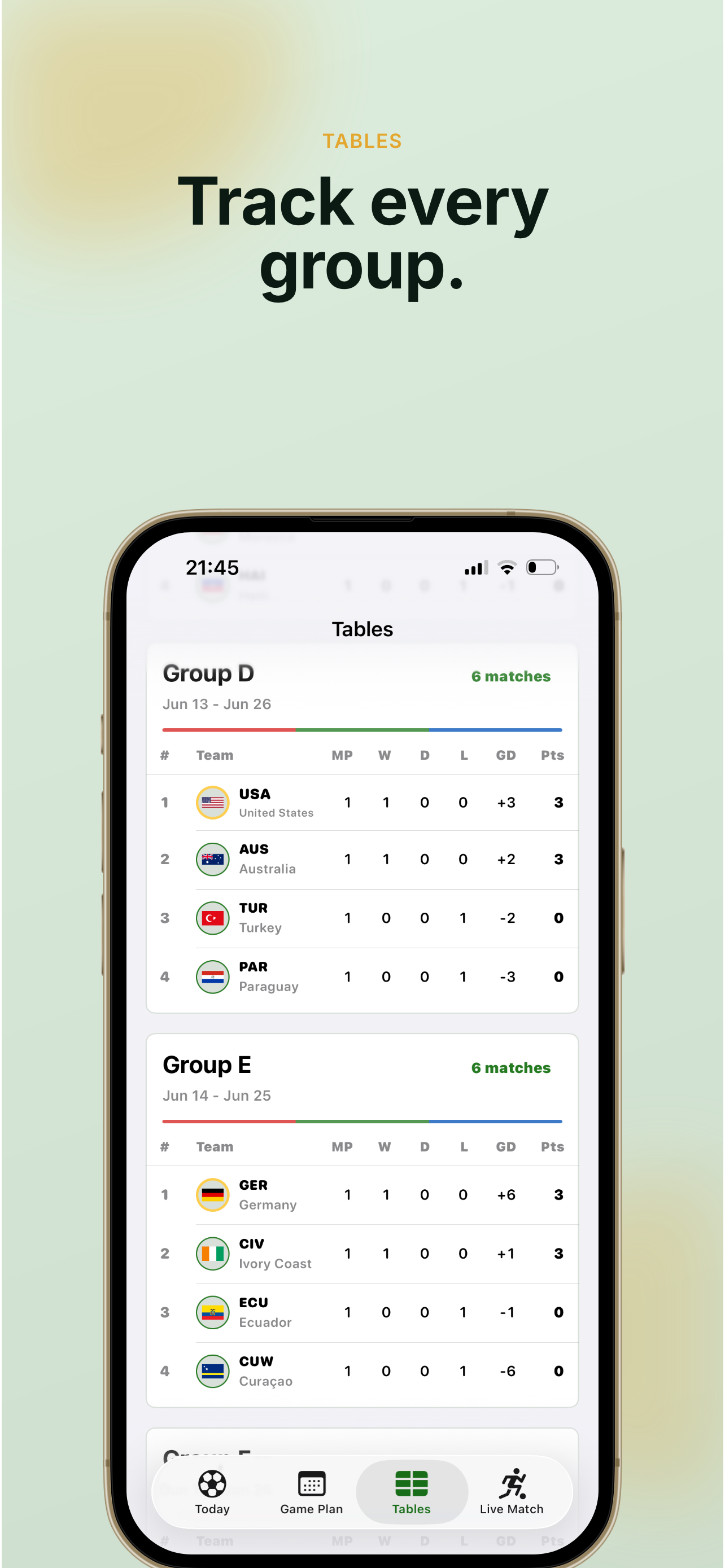 Game Plan group tables screen with standings for World Cup groups