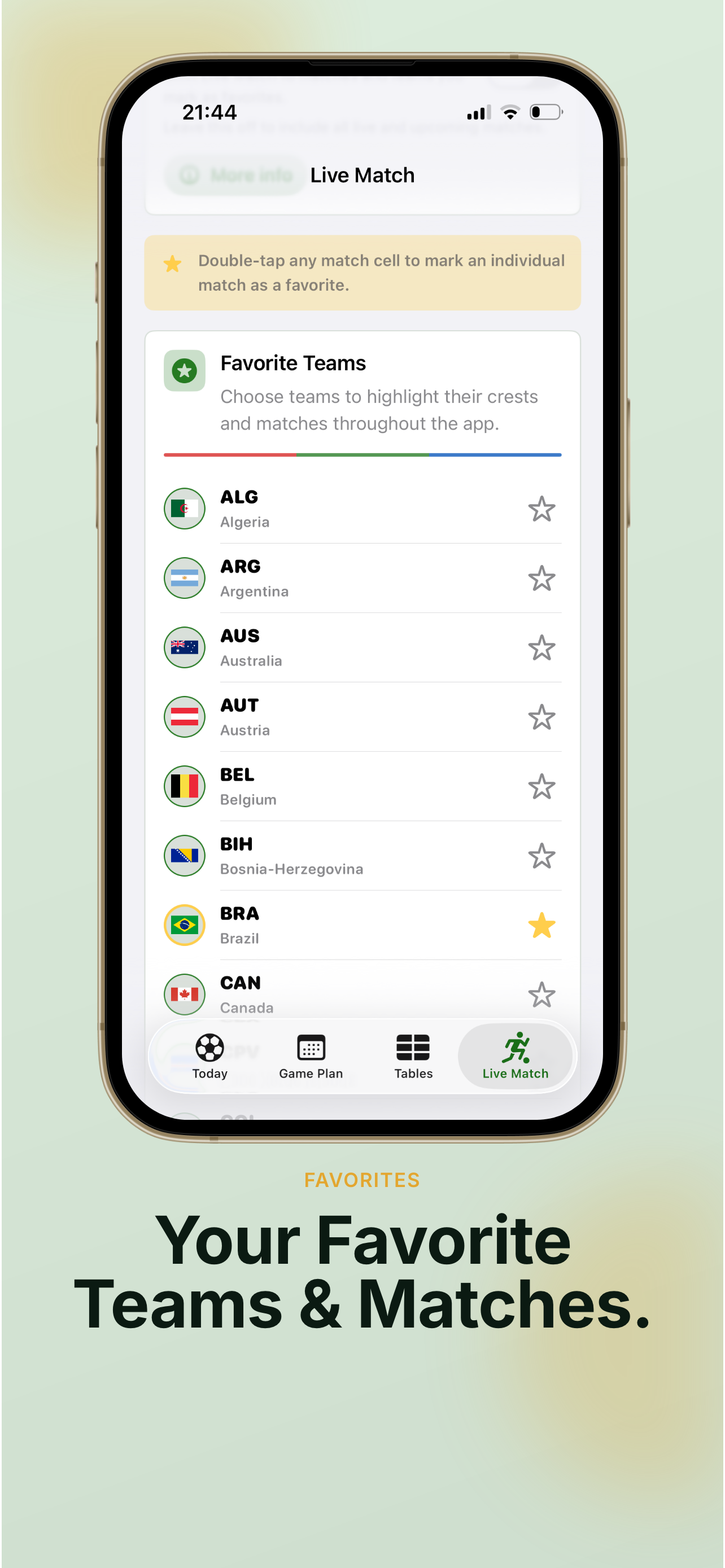 Game Plan favorites screen for selecting favorite teams and matches