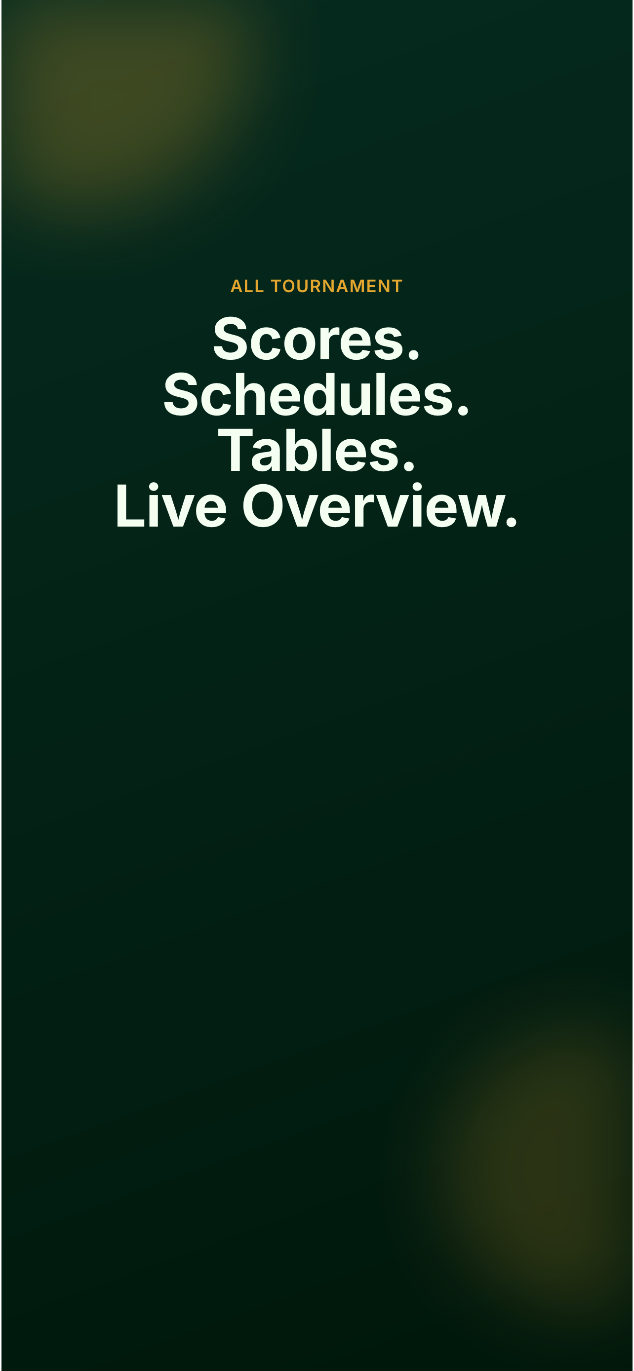 Game Plan tournament overview artwork listing scores, schedules, tables, and live overview